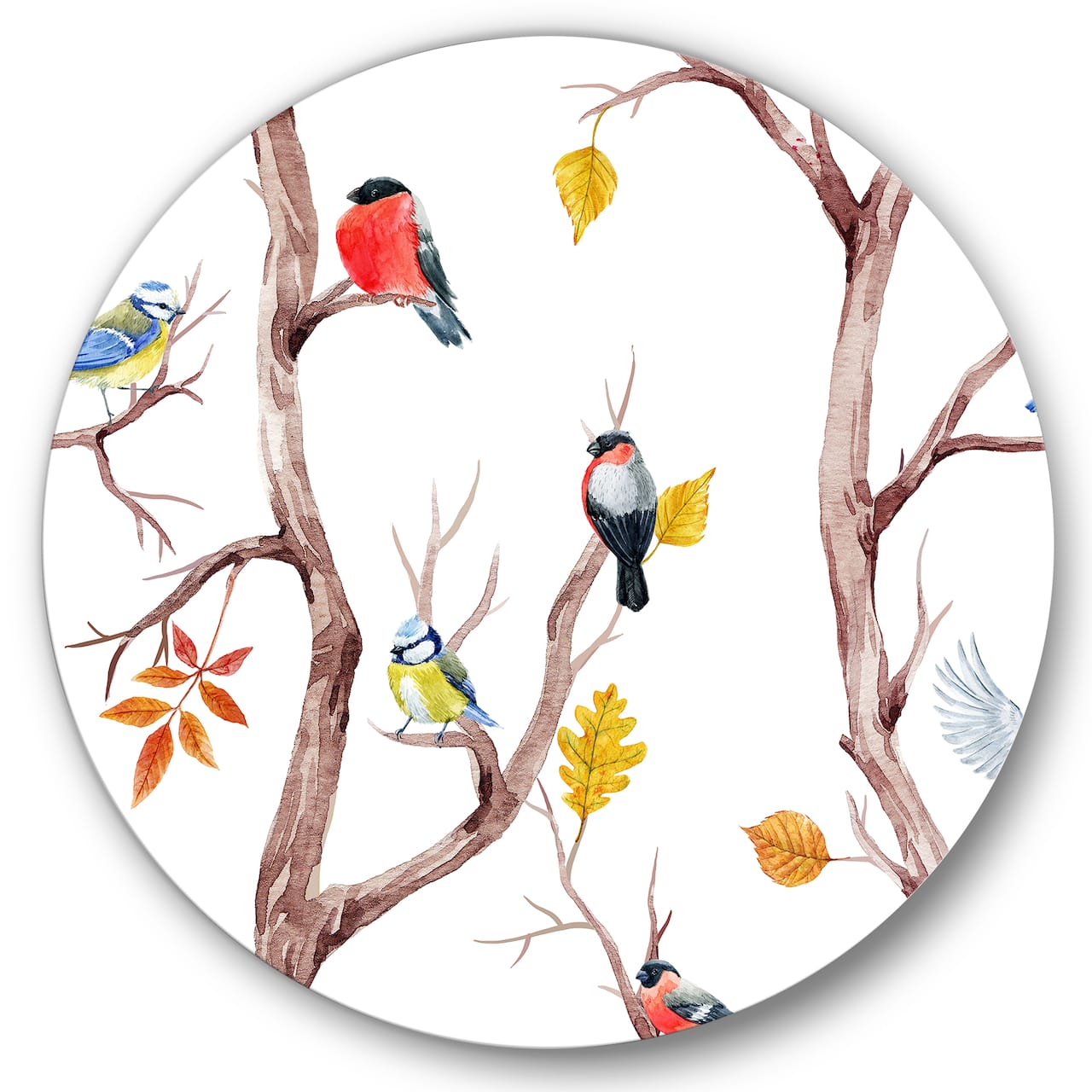 Designart - Fall Trees and Little Birds - Traditional Metal Circle Wall Art